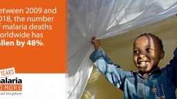 A smiling child with a mosquito net