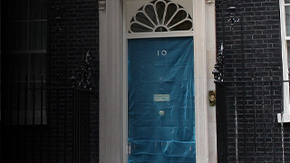 A mosquito net draped over the door of Number 10, the residence of the UK Prime Minister in London