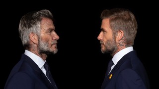 David Beckham as an older man facing himself in the present day